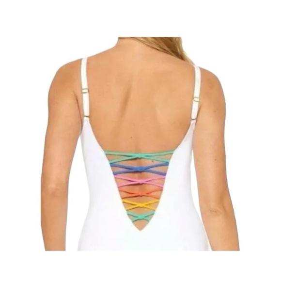 Bleu Rod Beattie White Multi Rainbow Lace Down One-Piece - Picture 4 of 7